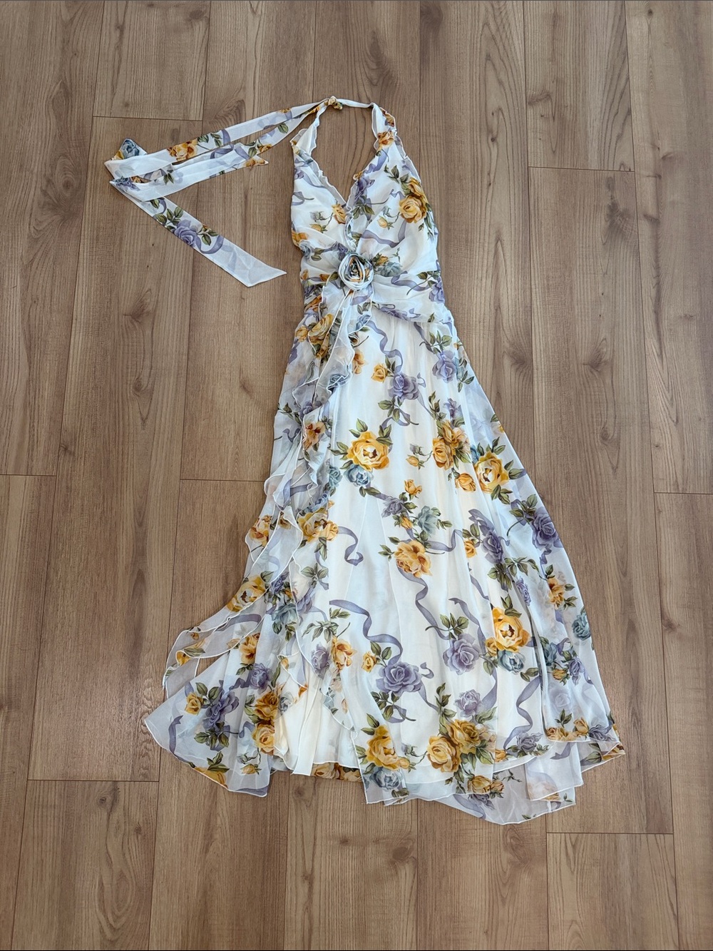 Parker White Halter Maxi Dress with Yellow & Lavender Floral Print
